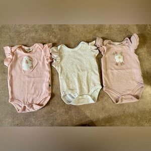 Rabbit + Bear Charming Three Pack 6-9 Months Baby  One Piece Set - Pink & White